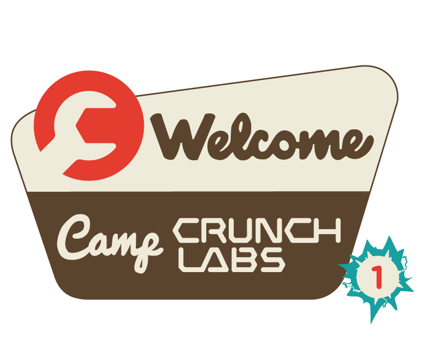 Stylized 'Welcome to Camp Crunch Labs' sign with a circular red logo. The number one is in the lower right corner.