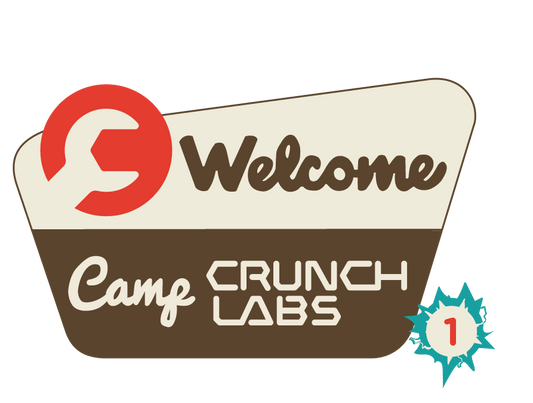 Stylized 'Welcome to Camp Crunch Labs' sign with a circular red logo. The number one is in the lower right corner.