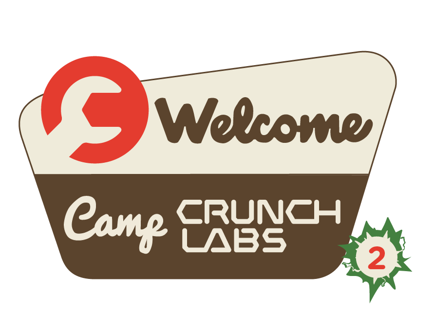 Stylized 'Welcome to Camp Crunch Labs' sign with a circular red logo. The number 2 is in the lower right corner.