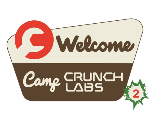 Stylized 'Welcome to Camp Crunch Labs' sign with a circular red logo. The number 2 is in the lower right corner.