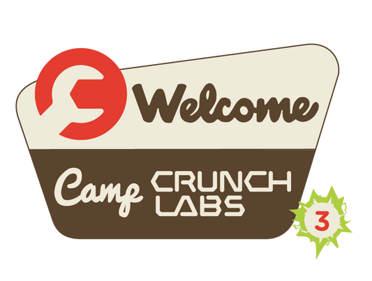 Stylized 'Welcome to Camp CrunchLabs' sign with a circular red logo. The number 3 is in the lower right corner.