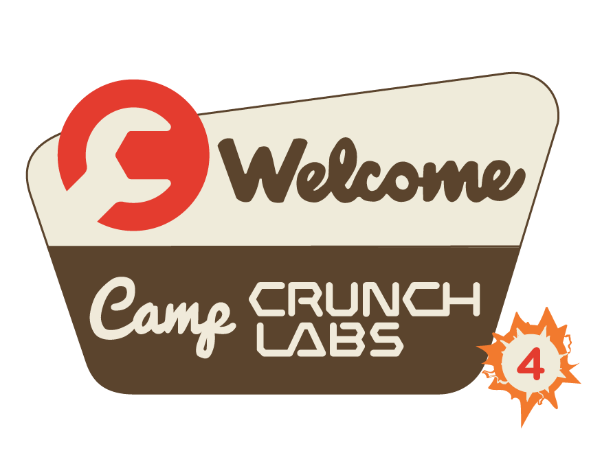 Stylized 'Welcome to Camp CrunchLabs' sign with a circular red logo. The number 4 is in the lower right corner.