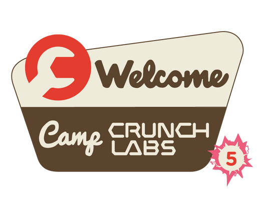 Stylized 'Welcome to Camp CrunchLabs' sign with a circular red logo. The number 5 is in the lower right corner.