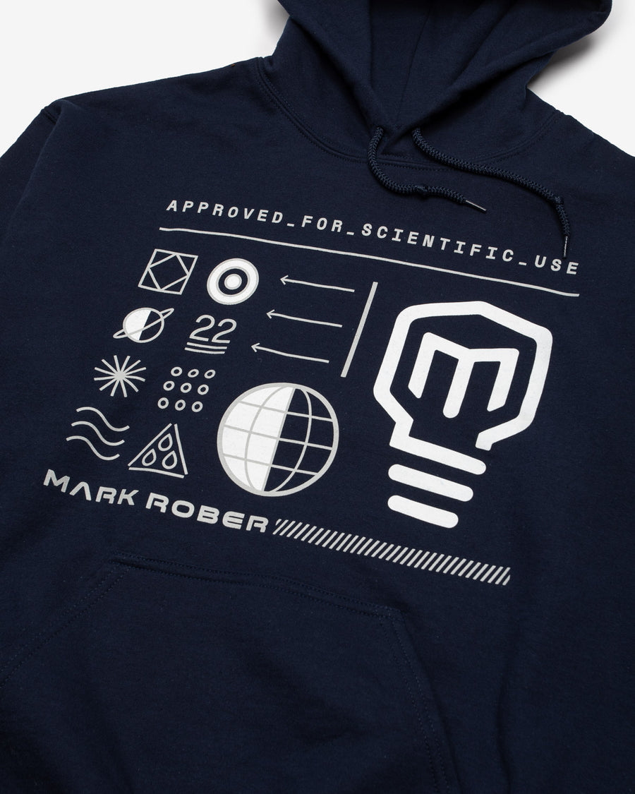 closeup of graphic of dark blue Mark Rober hoodie
